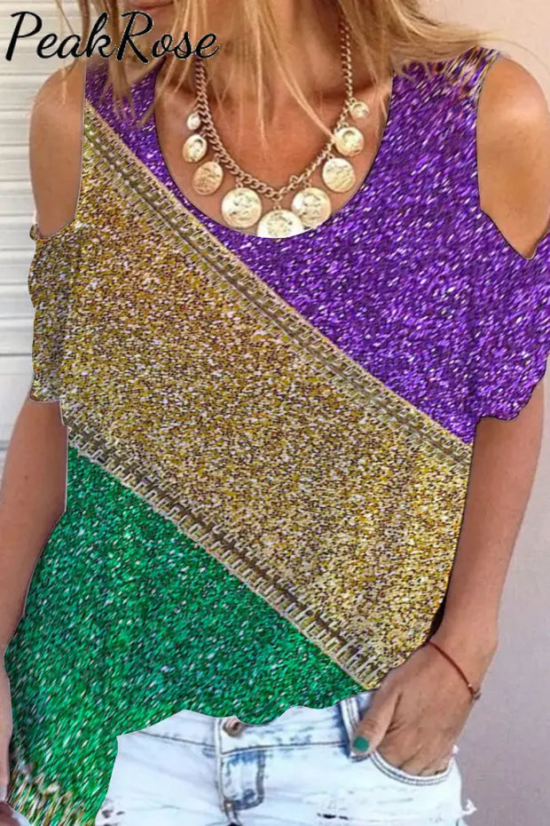 Retro Mardi Gras Carnival Purple Green And Gold Color Block Glitz Print Cold Shoulder T-Shirt S /