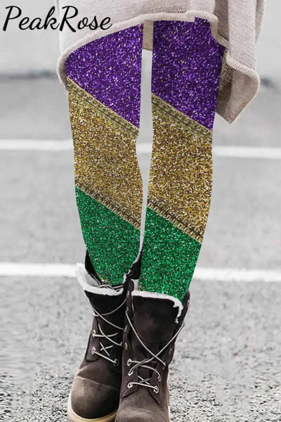 Retro Mardi Gras Carnival Purple Green And Gold Color Block Glitz Print Leggings S / Multicolor