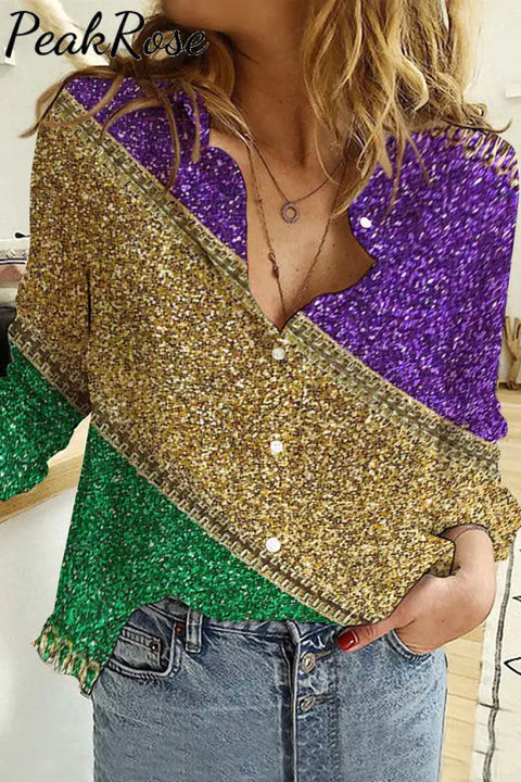 Retro Mardi Gras Carnival Purple Green And Gold Color Block Glitz Print Long Sleeve Shirt Women