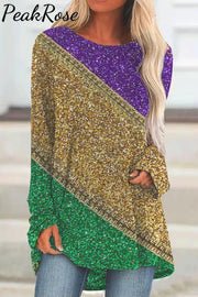 Retro Mardi Gras Carnival Purple Green And Gold Color Block Glitz Print Loose Tunic