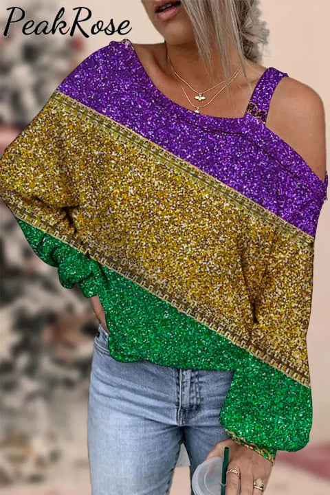 Retro Mardi Gras Carnival Purple Green And Gold Color Block Glitz Print Off-Shoulder Blouse