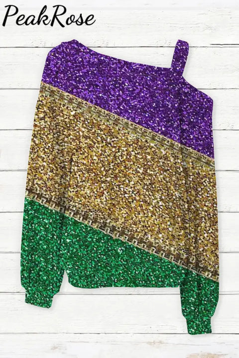 Retro Mardi Gras Carnival Purple Green And Gold Color Block Glitz Print Off-Shoulder Blouse