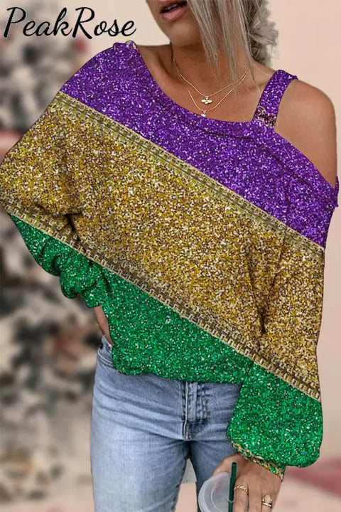 Retro Mardi Gras Carnival Purple Green And Gold Color Block Glitz Print Off-Shoulder Blouse