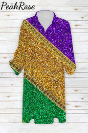 Retro Mardi Gras Carnival Purple Green And Gold Color Block Glitz Print Patch Front Pockets Shirt