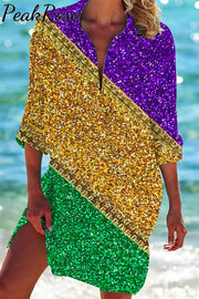 Retro Mardi Gras Carnival Purple Green And Gold Color Block Glitz Print Patch Front Pockets Shirt