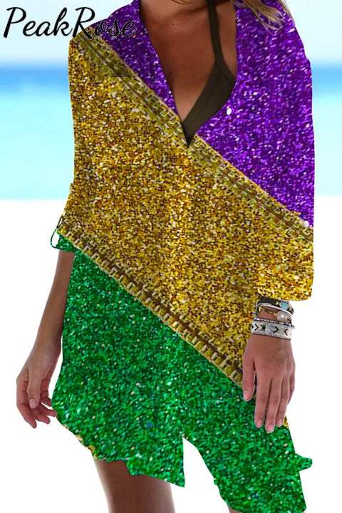 Retro Mardi Gras Carnival Purple Green And Gold Color Block Glitz Print Patch Front Pockets Shirt S