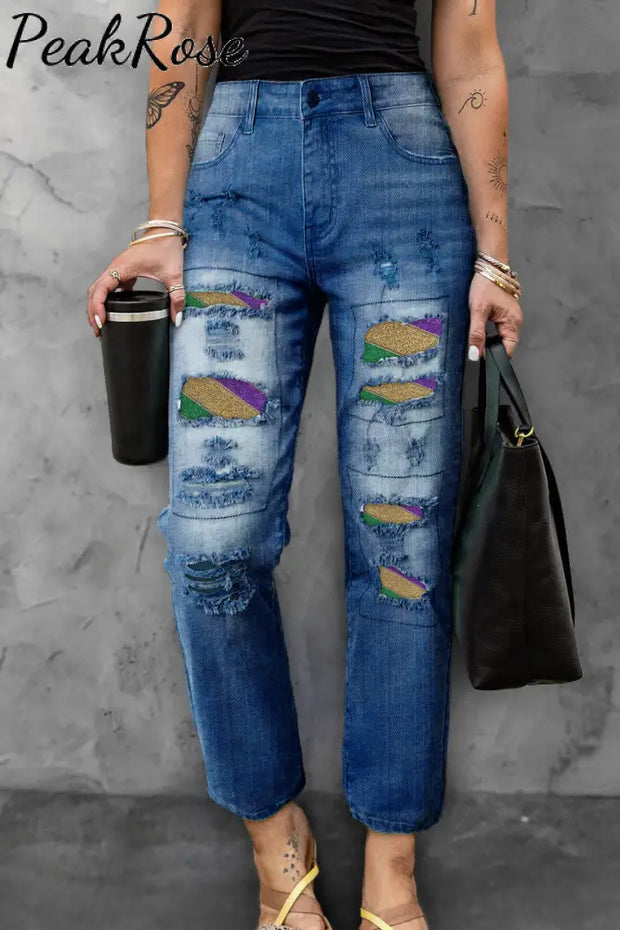 Retro Mardi Gras Carnival Purple Green And Gold Color Block Glitz Print Ripped Denim Jeans