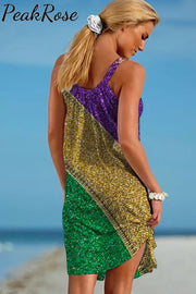 Retro Mardi Gras Carnival Purple Green And Gold Color Block Glitz Print Sleeveless Dress