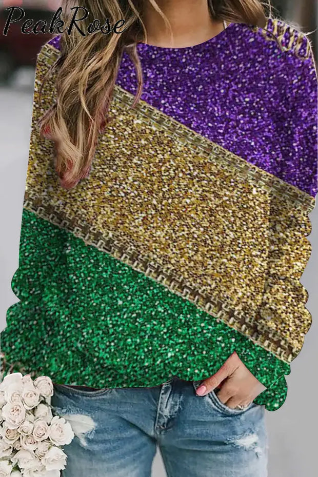 Retro Mardi Gras Carnival Purple Green And Gold Color Block Glitz Print Sweatshirt S / Multicolor