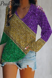 Retro Mardi Gras Carnival Purple Green And Gold Color Block Glitz Print V-Neck Long Sleeve Tee