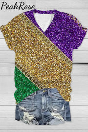 Retro Mardi Gras Carnival Purple Green And Gold Color Block Glitz Print V Neck Short Sleeve T-Shirt