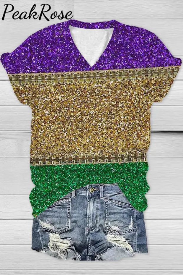 Retro Mardi Gras Carnival Purple Green And Gold Color Block Glitz Print V Neck Short Sleeve T-Shirt