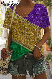 Retro Mardi Gras Carnival Purple Green And Gold Color Block Glitz Print V Neck Short Sleeve T-Shirt