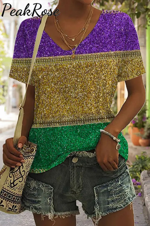 Retro Mardi Gras Carnival Purple Green And Gold Color Block Glitz Print V Neck Short Sleeve T-Shirt