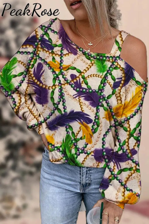 Retro Mardi Gras Feathers & Beads Print Off-Shoulder Blouse