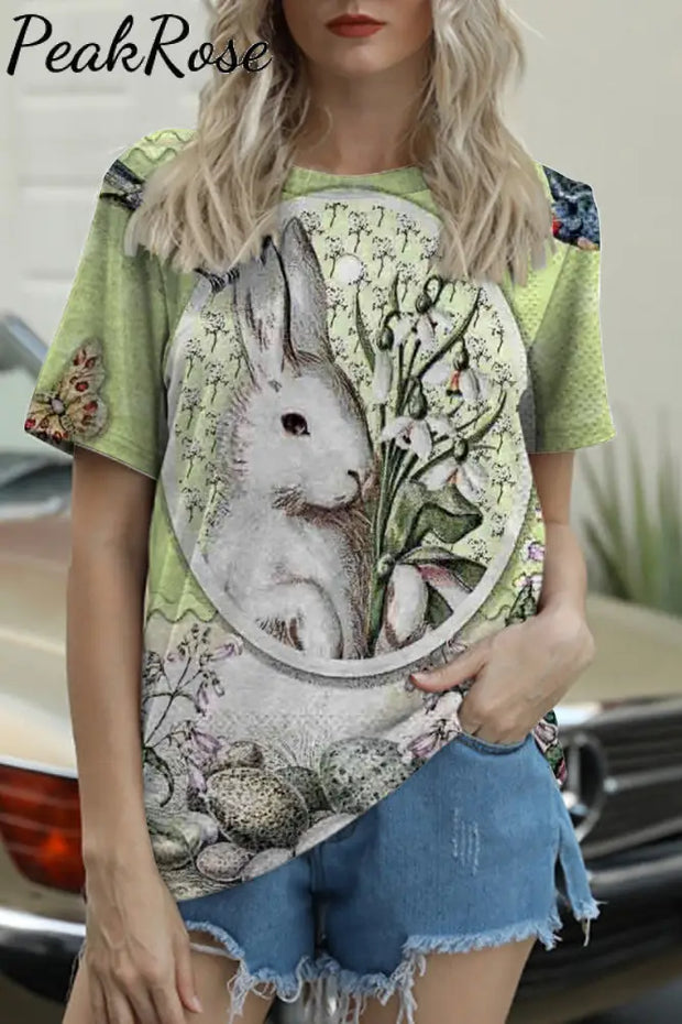 Retro Oil Painting Style Egg Bunny Frame O Neck T-Shirt S / Green