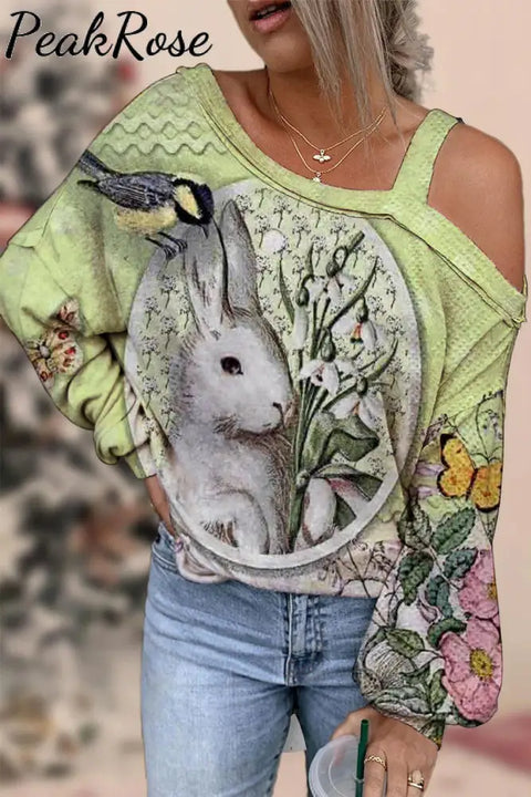 Retro Oil Painting Style Egg Bunny Frame Off Shoulder Blouse