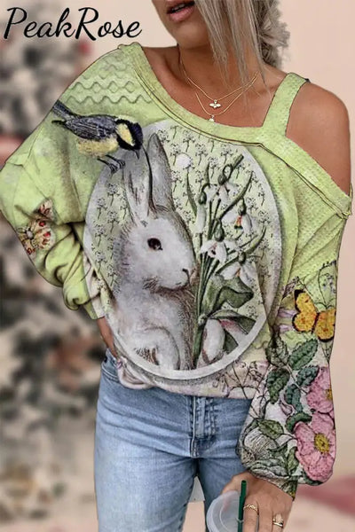 Retro Oil Painting Style Egg Bunny Frame Off Shoulder Blouse S / Green