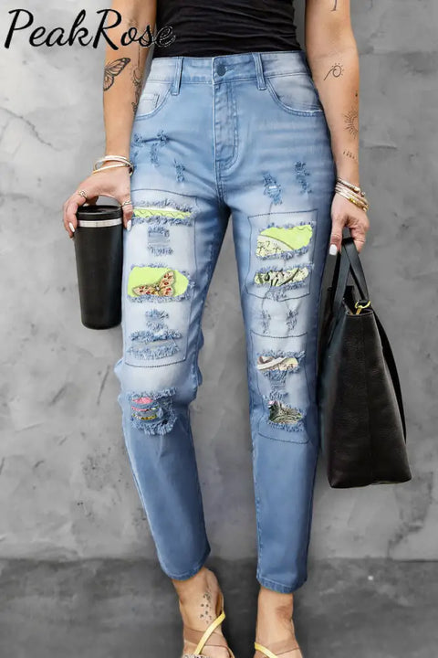 Retro Oil Painting Style Egg Bunny Frame Ripped Denim Jeans