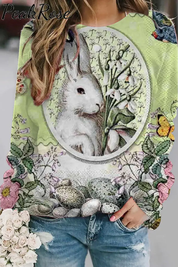 Retro Oil Painting Style Egg Bunny Frame Sweatshirt