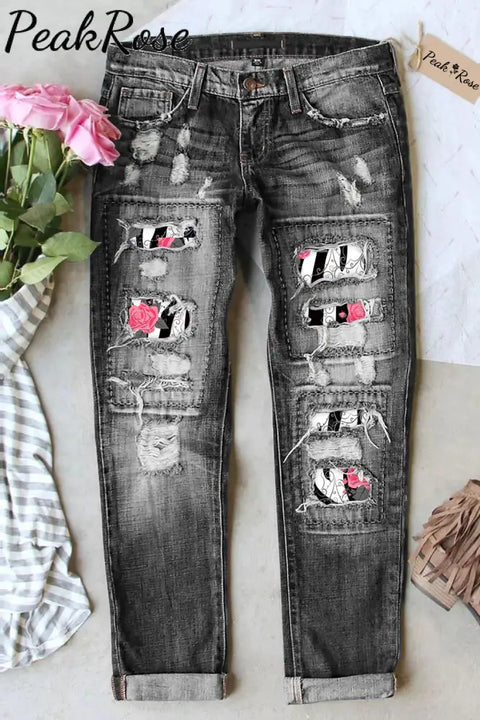 Retro Pink Rose Thorns Zebra Print Jeans