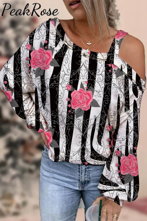 Valentine's Day Retro Pink Rose Thorns Zebra Print One-neck Slouchy Shoulder Long Sleeve Top