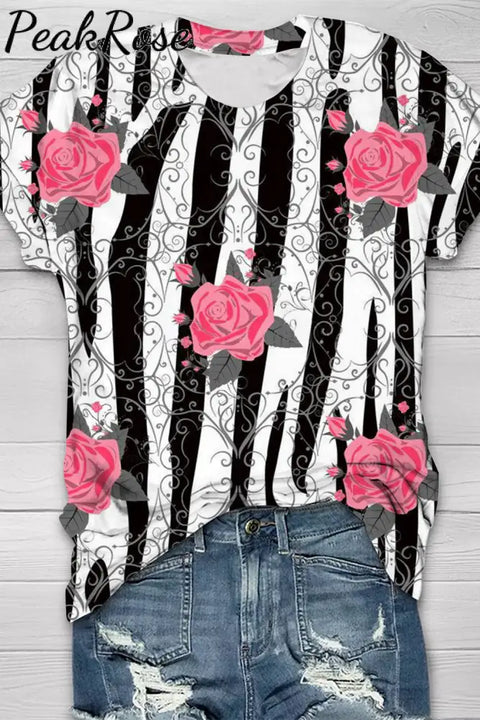 Retro Pink Rose Thorns Zebra Print Round Neck T-Shirt Short Sleeve Top