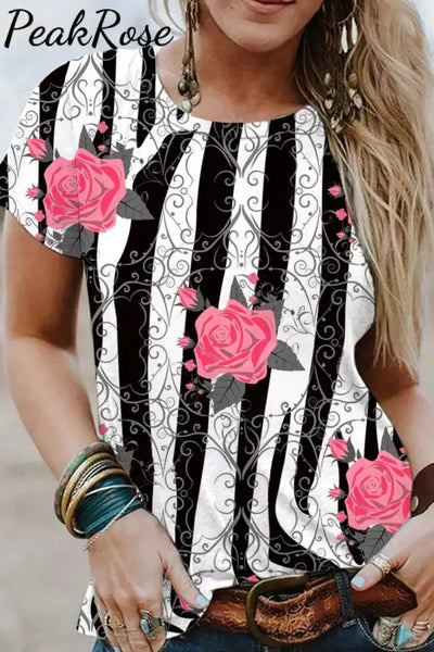 Valentine's Day Retro Pink Rose Thorns Zebra Print Round Neck T-shirt Short Sleeve Top