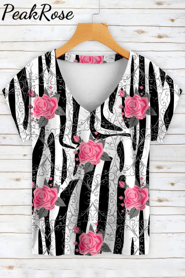 Retro Pink Rose Thorns Zebra Print V-Neck T-Shirt Short Sleeve Top