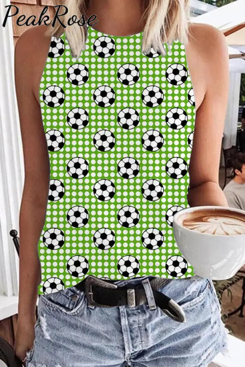 Retro Plaid Soccer Ball Football Game Print Tank Top Green / S