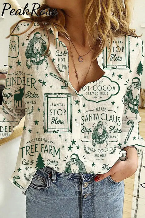 Retro Santa Print Long Sleeve Shirt Women