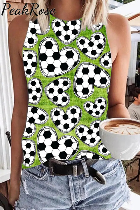 Retro Soccer Ball Mom Heart Print Tank Top Green / S