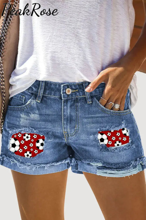 Retro Soccer Ball Mom Print Denim Shorts