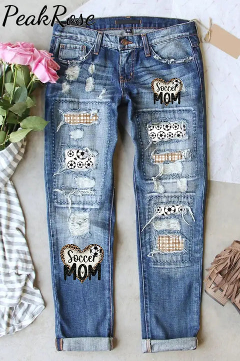 Retro Soccer Mom Tie Dye Check Print Ripped Denim Jeans