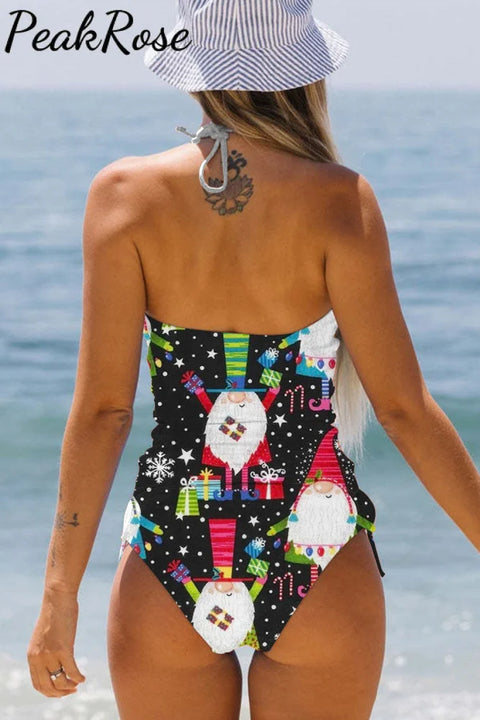 Retro Vintage Christmas Gnomes Gifts Print Bikini Swimsuit