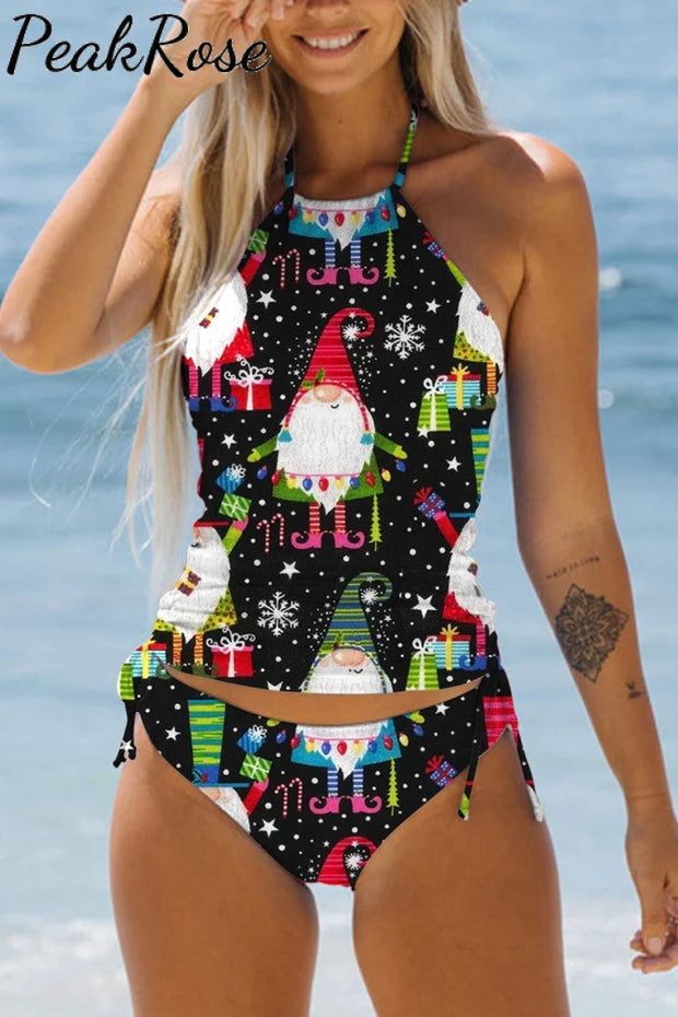 Retro Vintage Christmas Gnomes Gifts Print Bikini Swimsuit S