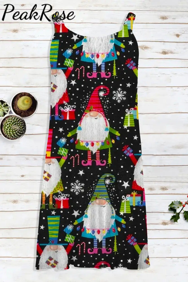 Retro Vintage Christmas Gnomes Gifts Print Sleeveless Dress