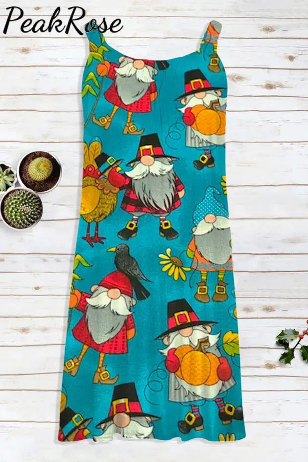 Retro Vintage Christmas Gnomes Turkey Print Sleeveless Dress Christmas