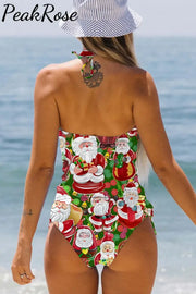 Retro Vintage Christmas Red Santa Claus Print Bikini Swimsuit