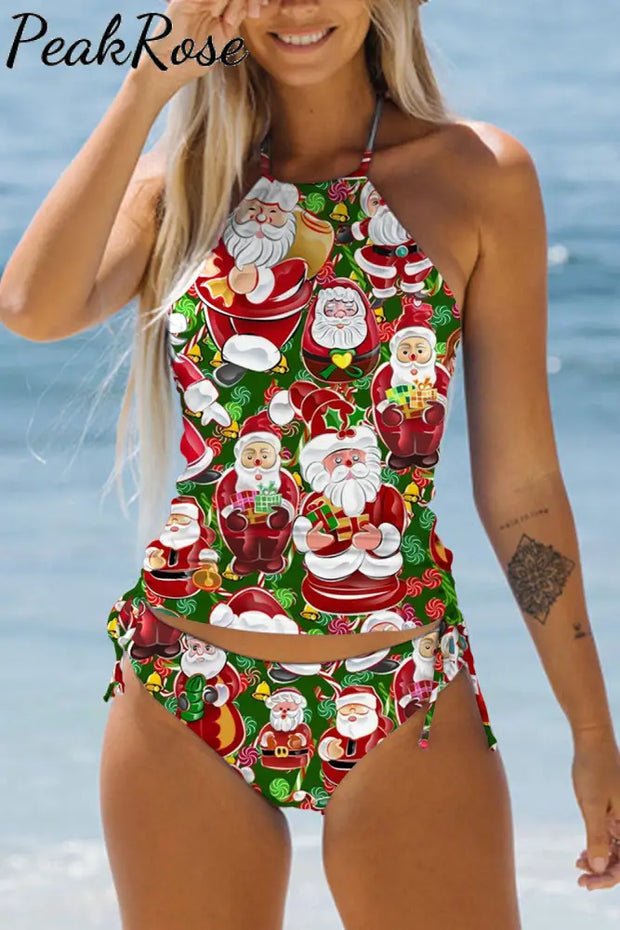 Retro Vintage Christmas Red Santa Claus Print Bikini Swimsuit S