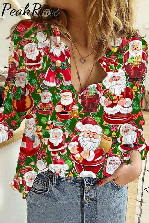 Retro Vintage Christmas Red Santa Claus Print Long Sleeve Shirt S / Women