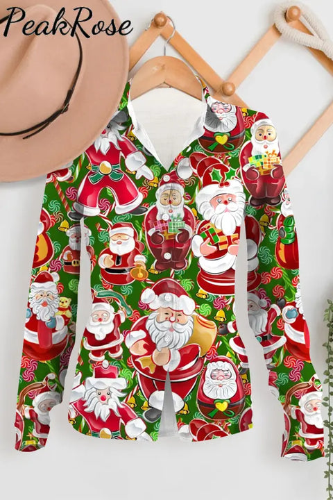 Retro Vintage Christmas Red Santa Claus Print Long Sleeve Shirt Women