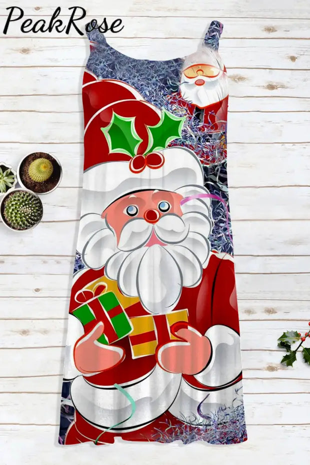 Retro Vintage Christmas Red Santa Claus Print Sleeveless Dress