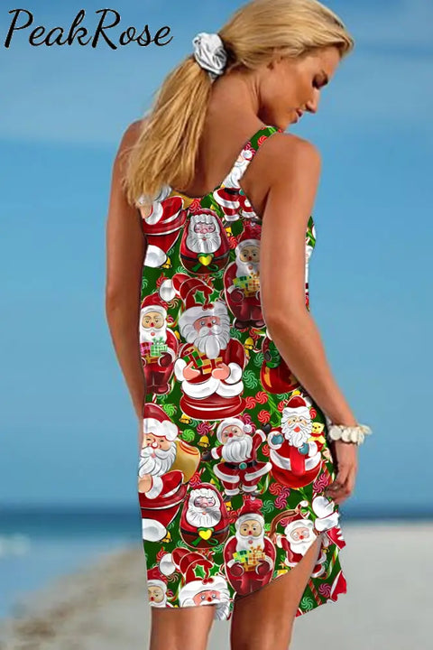 Retro Vintage Christmas Red Santa Claus Print Sleeveless Dress