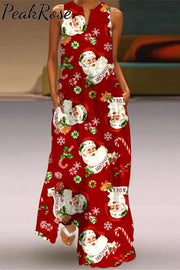 Retro Vintage Christmas Red Santa Claus Print V-Neck Sleeveless Maxi Dress S /