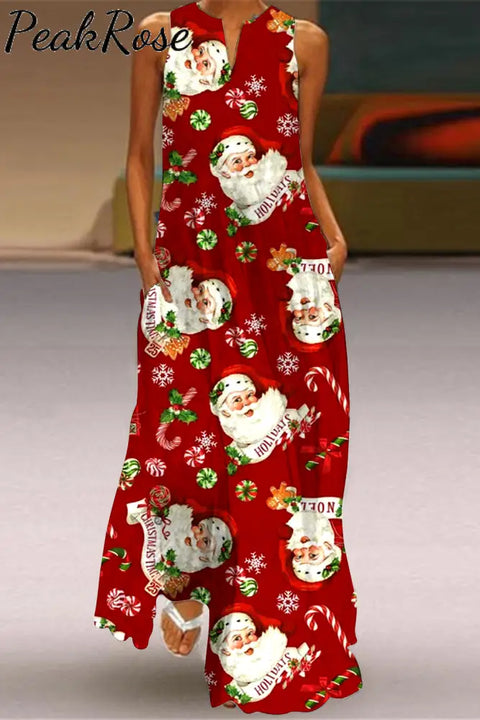 Retro Vintage Christmas Red Santa Claus Print V-Neck Sleeveless Maxi Dress S /