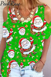 Retro Vintage Christmas Santa Claus Print Cold Shoulder T-Shirt S / Green T-Shirt