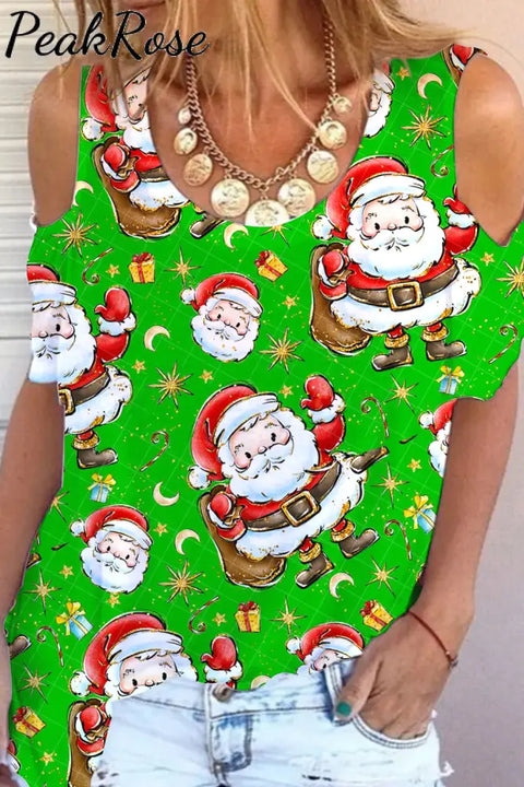 Retro Vintage Christmas Santa Claus Print Cold Shoulder T-Shirt S / Green T-Shirt