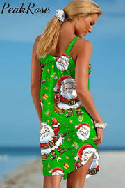 Retro Vintage Christmas Santa Claus Print Sleeveless Dress Christmas