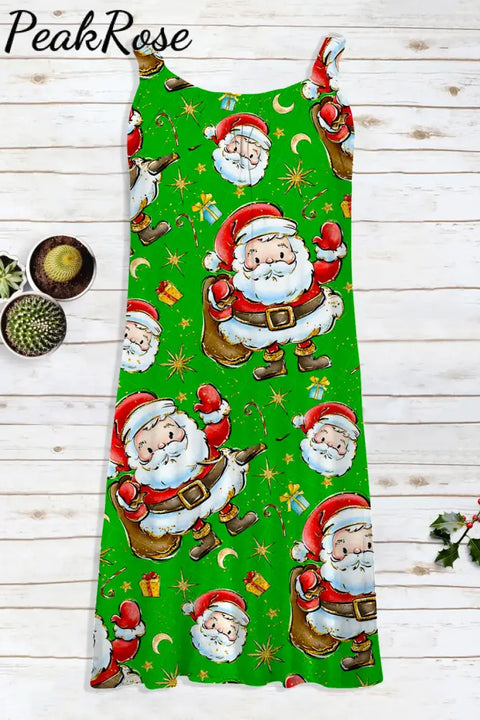 Retro Vintage Christmas Santa Claus Print Sleeveless Dress Christmas